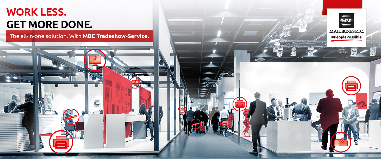 Mail Boxes Etc trade show services, exhibition design, printing services, shipping